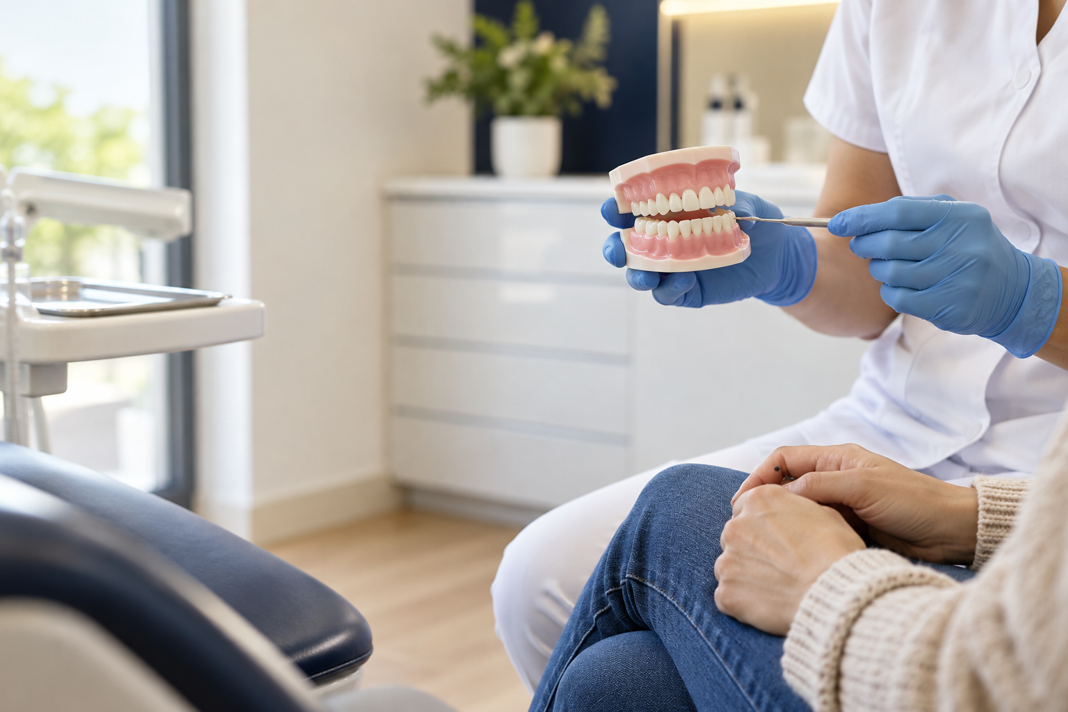 Medicul stomatolog explică îngrijirea dentară preventivă folosind un model al dinților